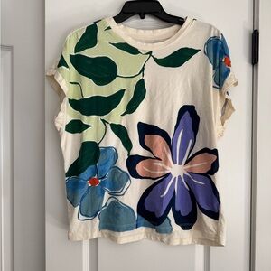 Anthropologie Cream Floral Crewneck Tee with Blue, Green & Purple